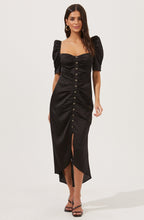 Load image into Gallery viewer, Black Satin Midi Dress Crystal Buttons
