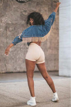 Load image into Gallery viewer, Cropped Denim Fringed Jacket

